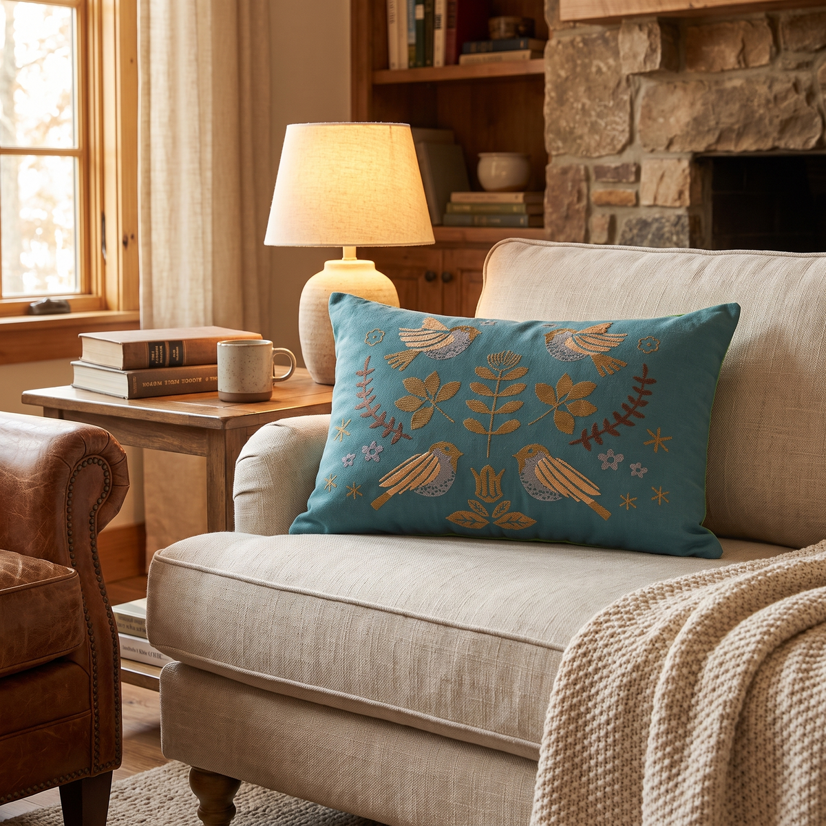 Jacquard Bird & Floral Cotton Pillowcase Set of 2 – lifestyle 2