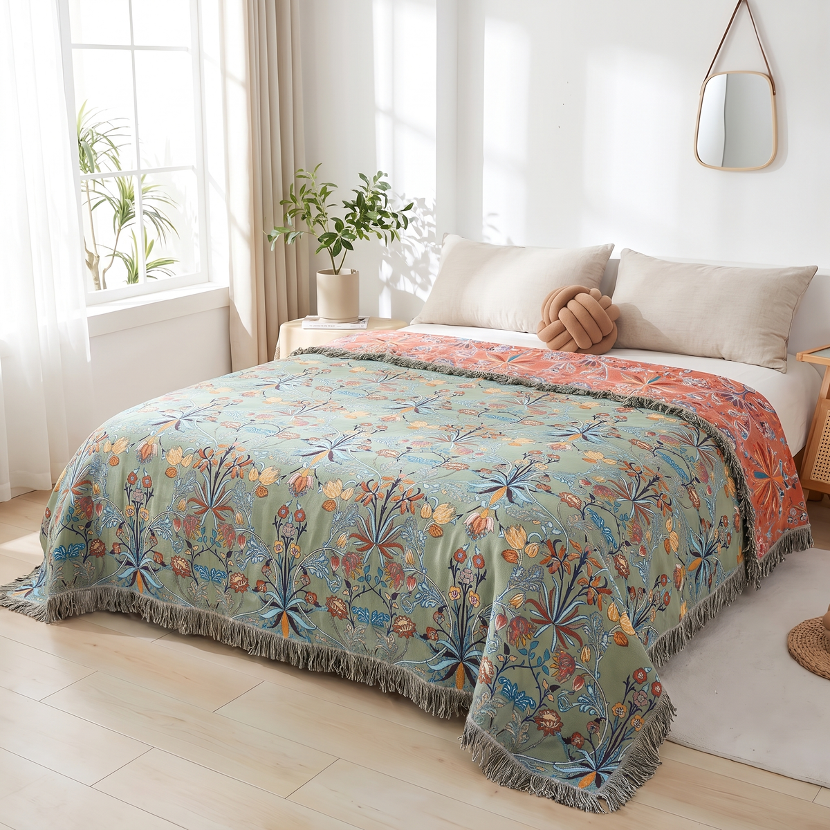 Floral Jacquard Tasseled Cotton Bedspread – lifestyle 1