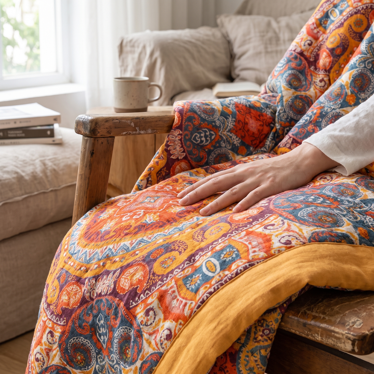 Sunrise Boho Reversible Cooling Cotton Blanket – lifestyle 3