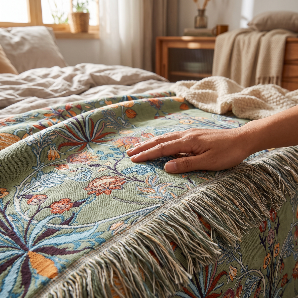 Floral Jacquard Tasseled Cotton Bedspread – lifestyle 3