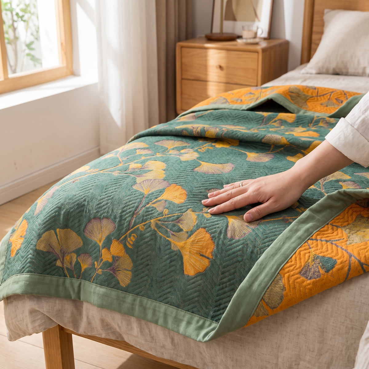 Ginkgo Leaf Jacquard Reversible Coverlet – lifestyle 3