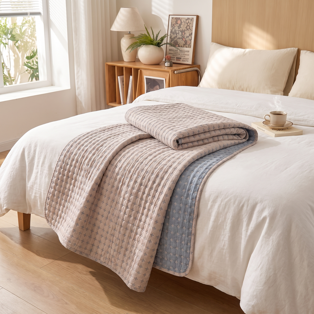 Reversible Geometric Matelassé Cotton Blanket – lifestyle 1