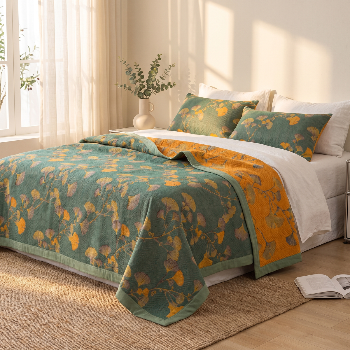 Ginkgo Leaf Jacquard Reversible Coverlet – lifestyle 1