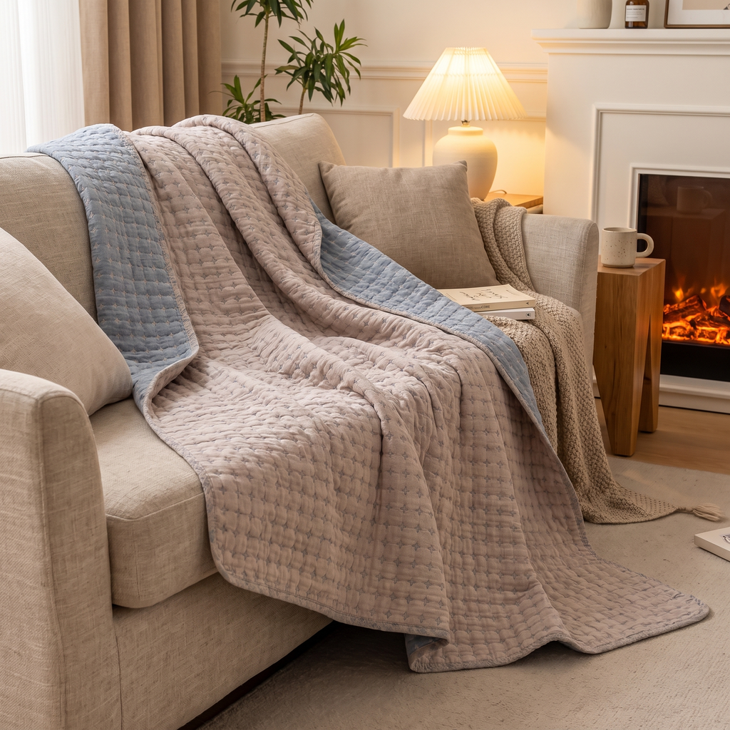 Reversible Geometric Matelassé Cotton Blanket – lifestyle 2