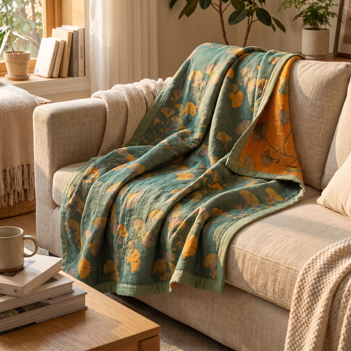 Ginkgo Leaf Jacquard Reversible Coverlet – lifestyle 2