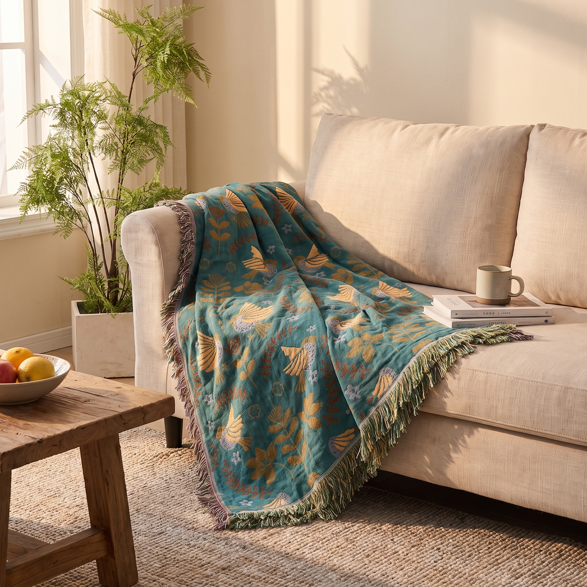 Scandinavian Bird Reversible Fringed Cotton Blanket – lifestyle 2