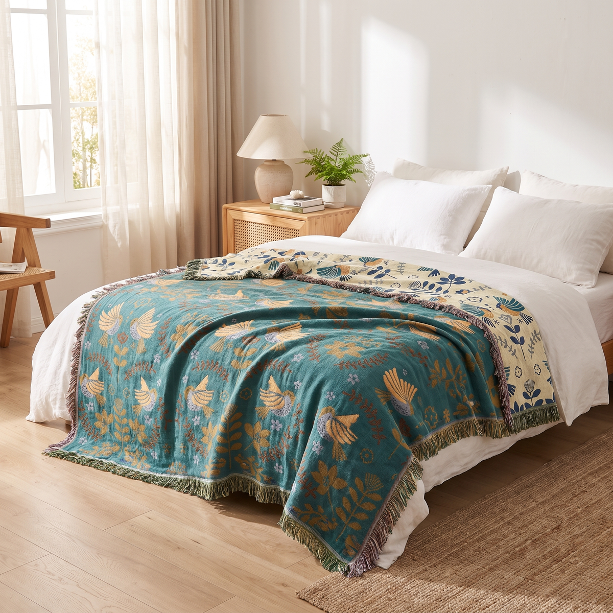 Scandinavian Bird Reversible Fringed Cotton Blanket – lifestyle 1
