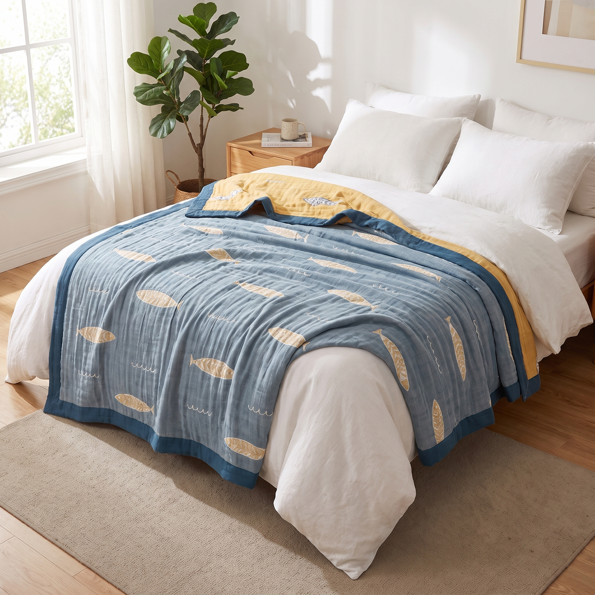 Golden Fish Jacquard Cotton Gauze Blanket – lifestyle 1