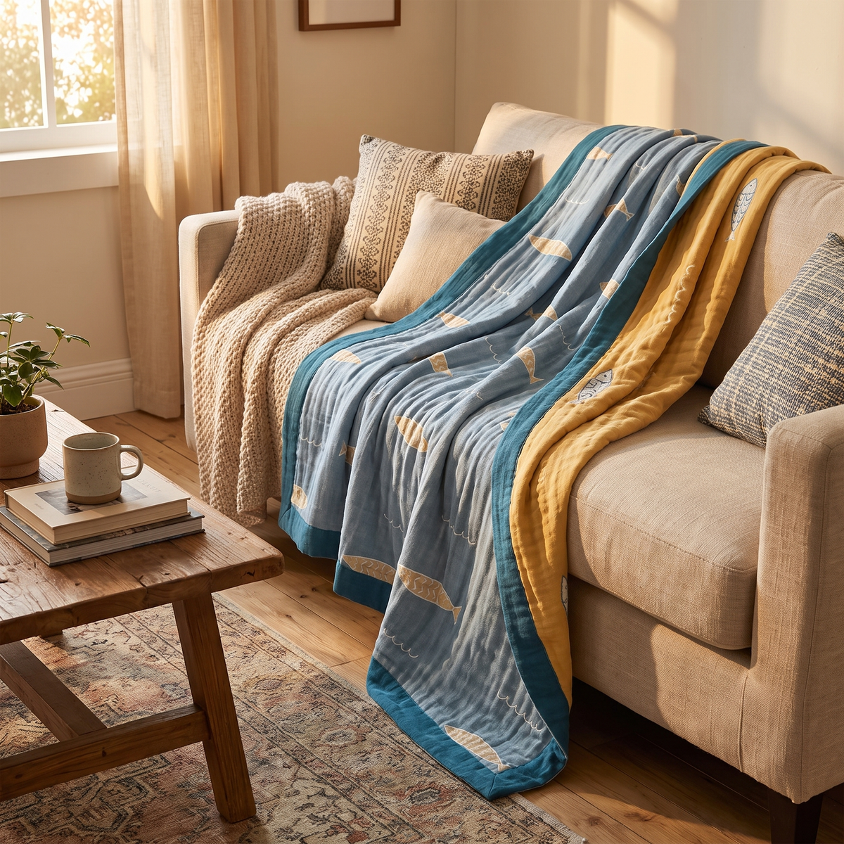Golden Fish Jacquard Cotton Gauze Blanket – lifestyle 2