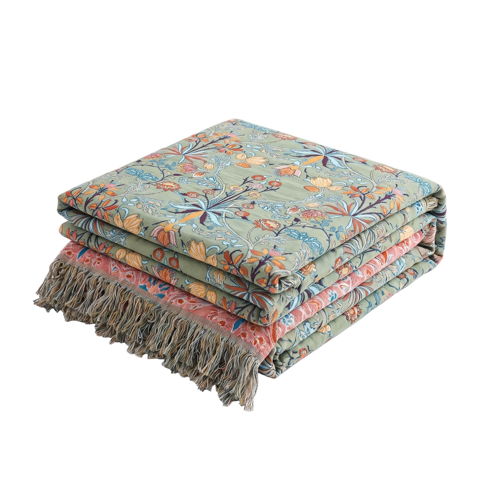 Floral Jacquard Tasseled Cotton Bedspread