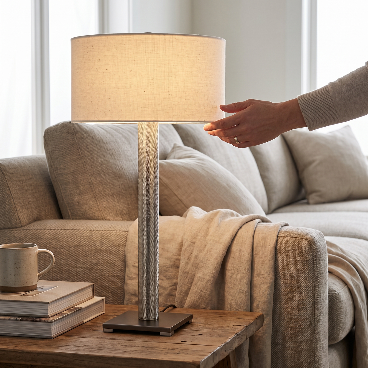 Linen Drum Shade Square Base Table Lamp – lifestyle 3