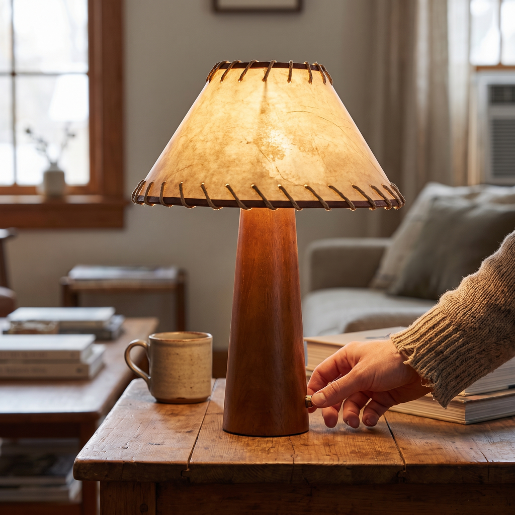 Tapered Walnut Column Linen Table Lamp – lifestyle 3