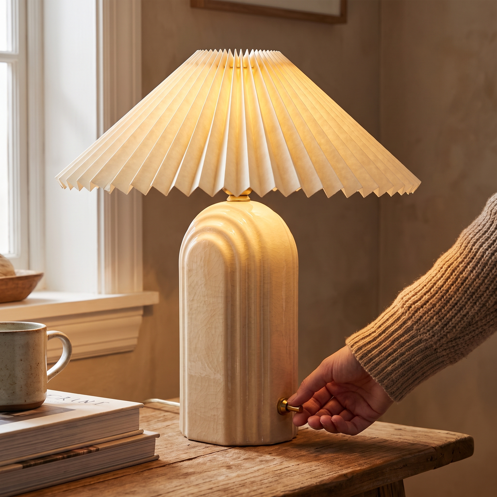 Ribbed Ceramic Pleated Shade Table Lamp – lifestyle 3