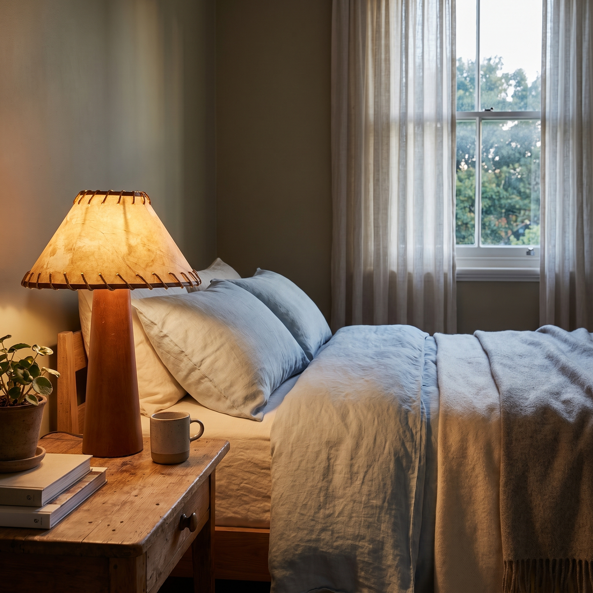 Tapered Walnut Column Linen Table Lamp – lifestyle 1