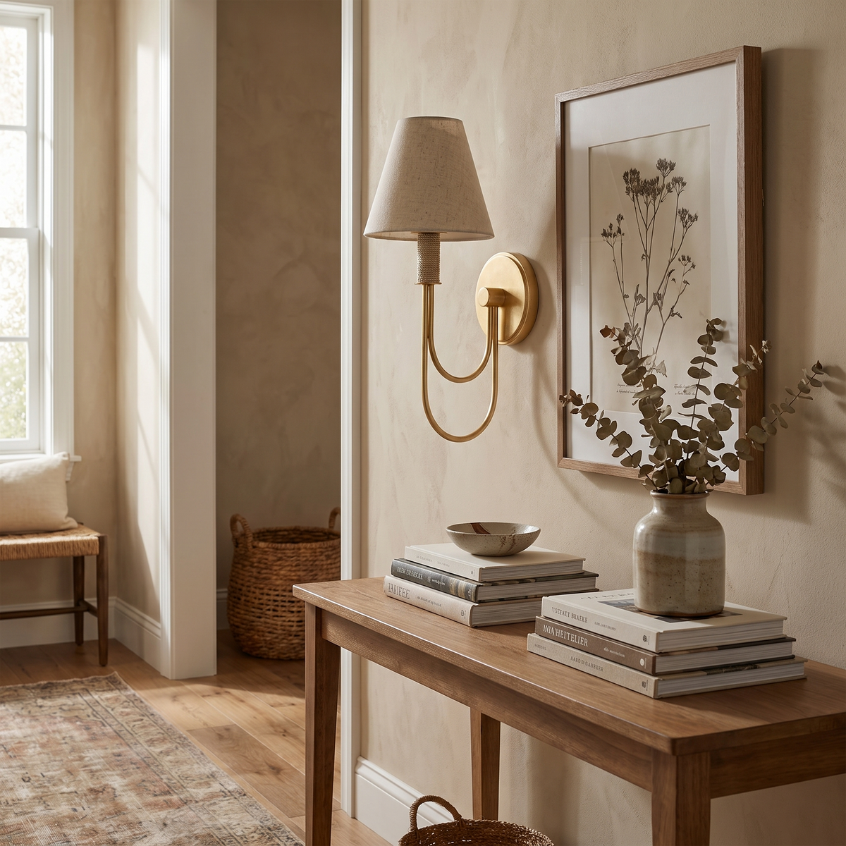 Brass Arc Arm Linen Wall Light – lifestyle 2