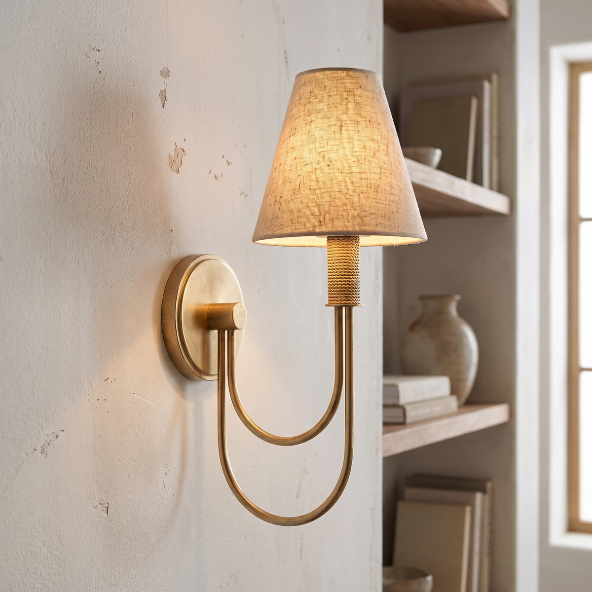 Brass Arc Arm Linen Wall Light – lifestyle 3