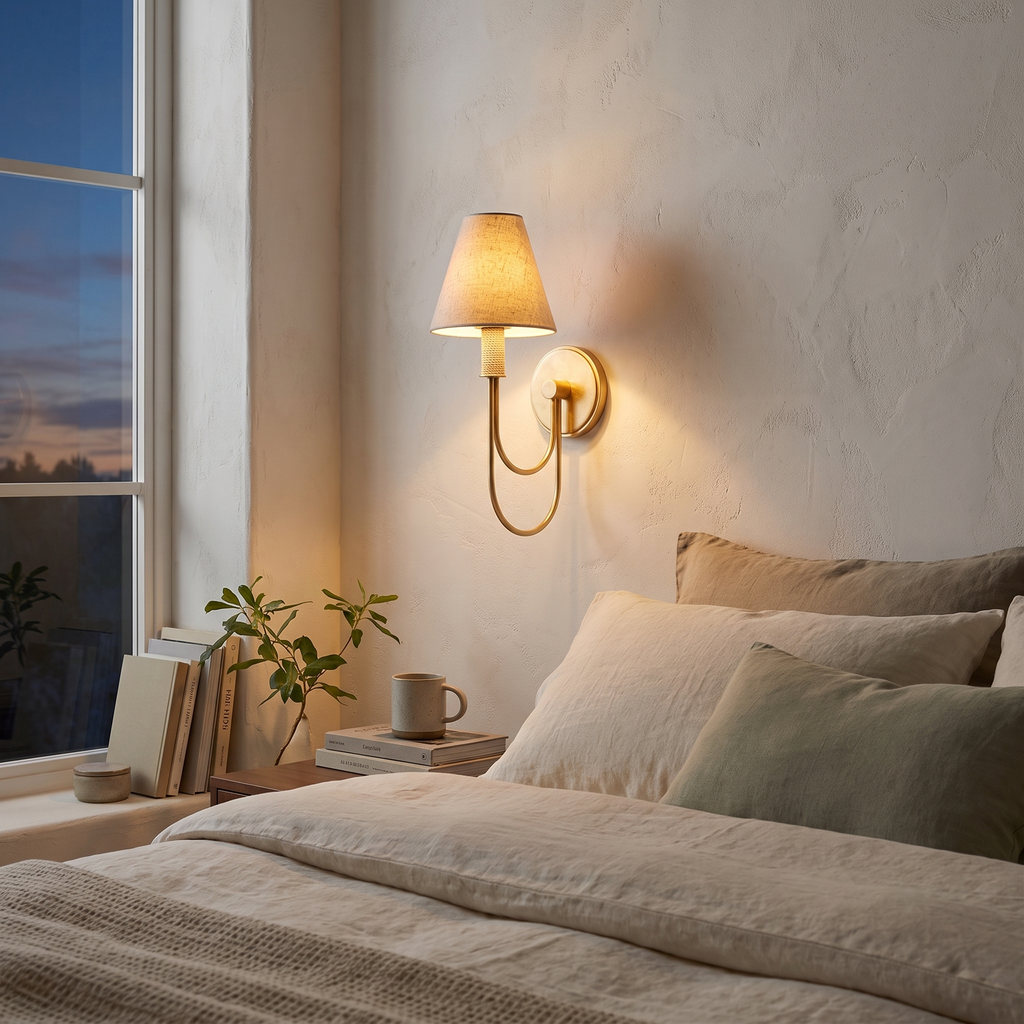 Brass Arc Arm Linen Wall Light – lifestyle 1