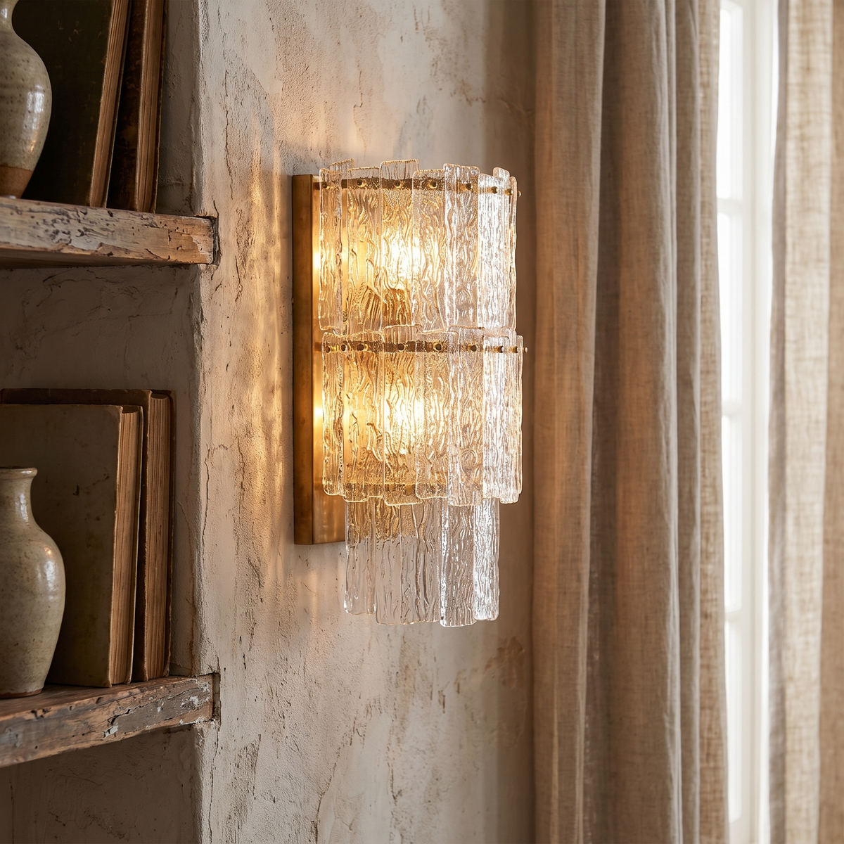 Rippled Glass Brass Wall Light – lifestyle 3