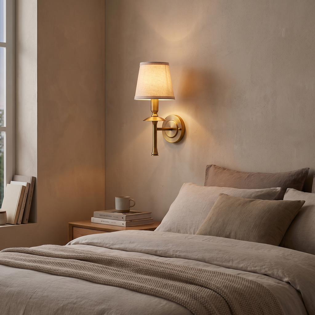 Slim Brass Stem Linen Wall Light – lifestyle 1