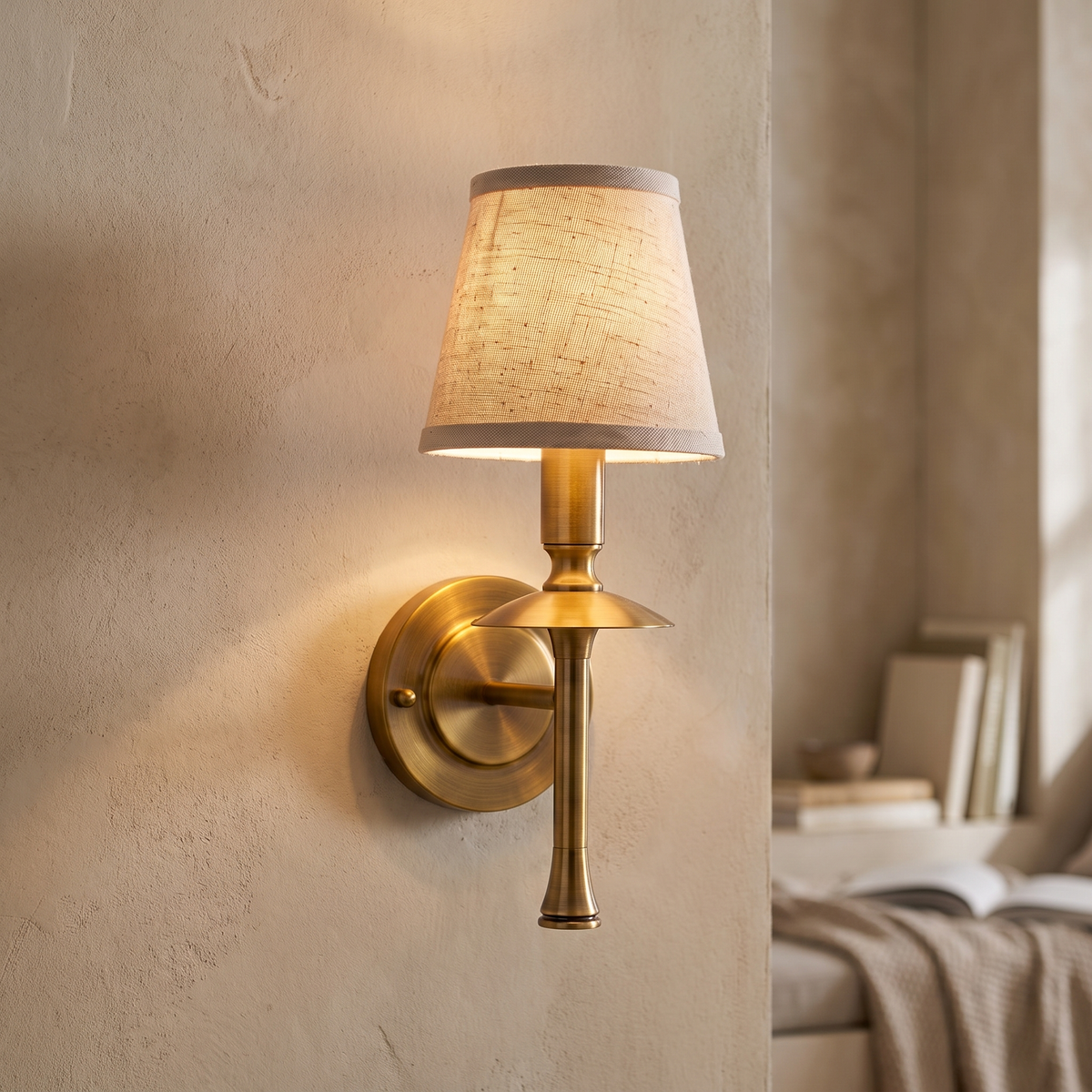 Slim Brass Stem Linen Wall Light – lifestyle 3