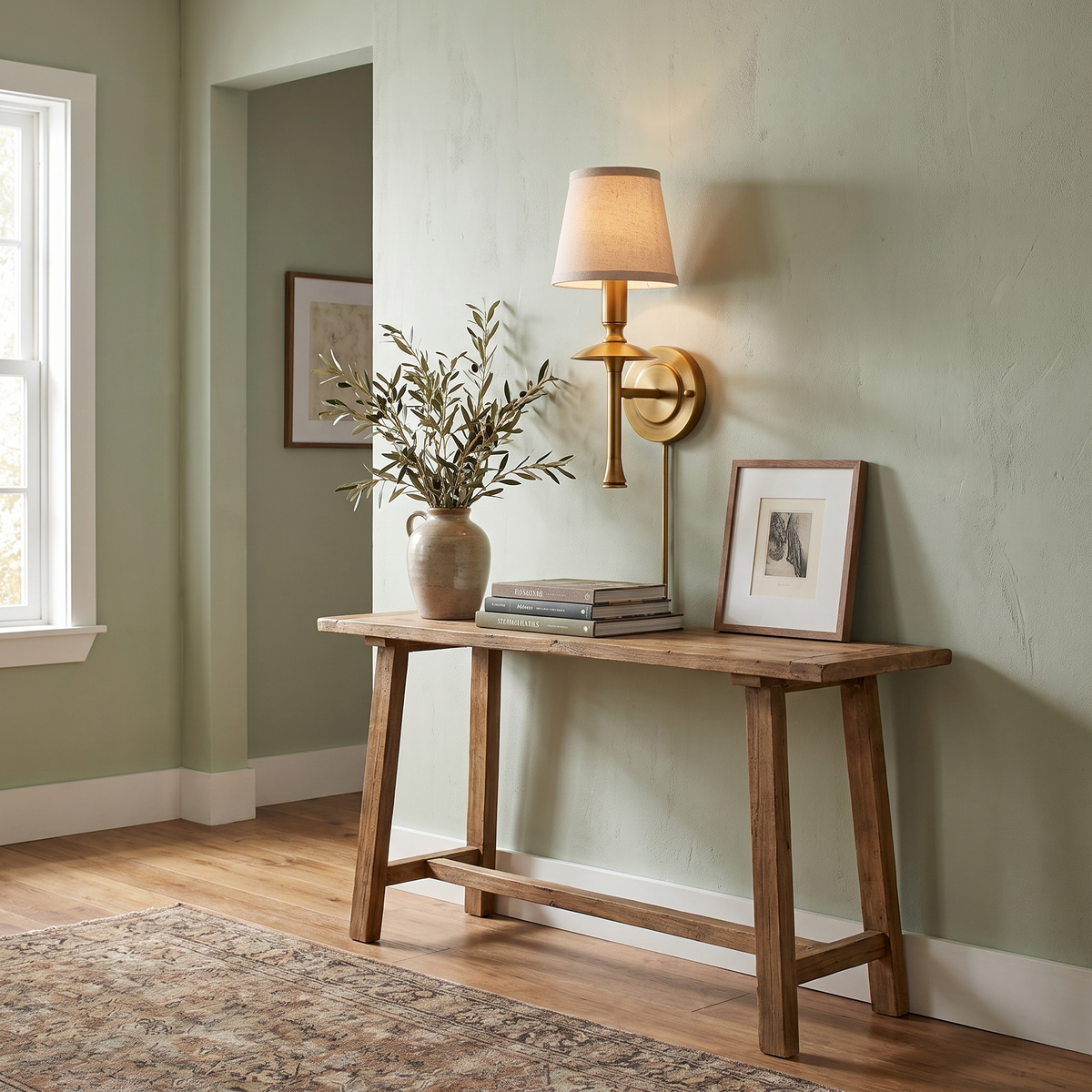 Slim Brass Stem Linen Wall Light – lifestyle 2