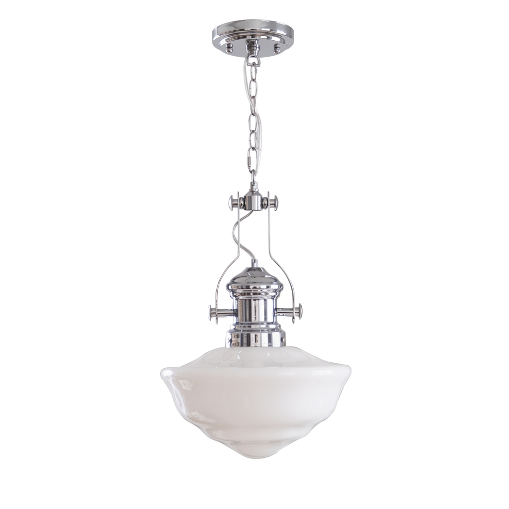 Chrome & White Glass Bowl Chain Pendant