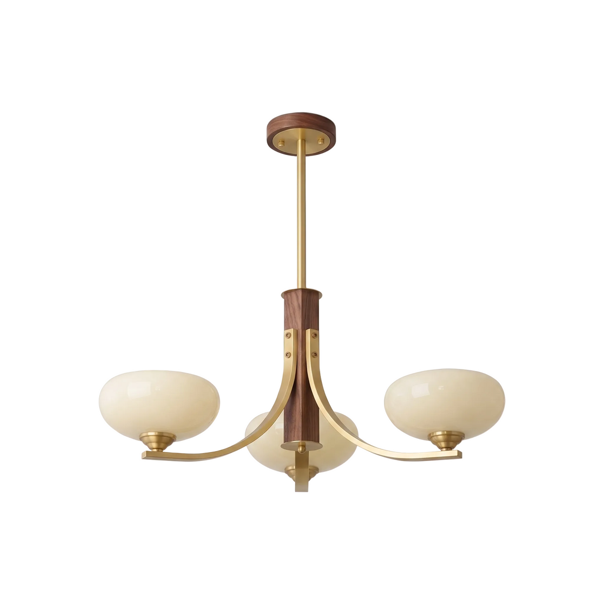 Three-Arm Walnut & Brass Glass Shade Chandelier