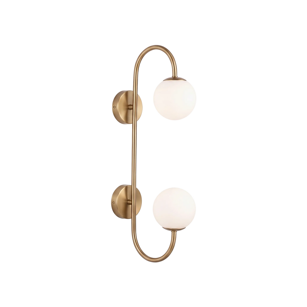 Twin Frosted Globe Curved Brass Wall Lamp