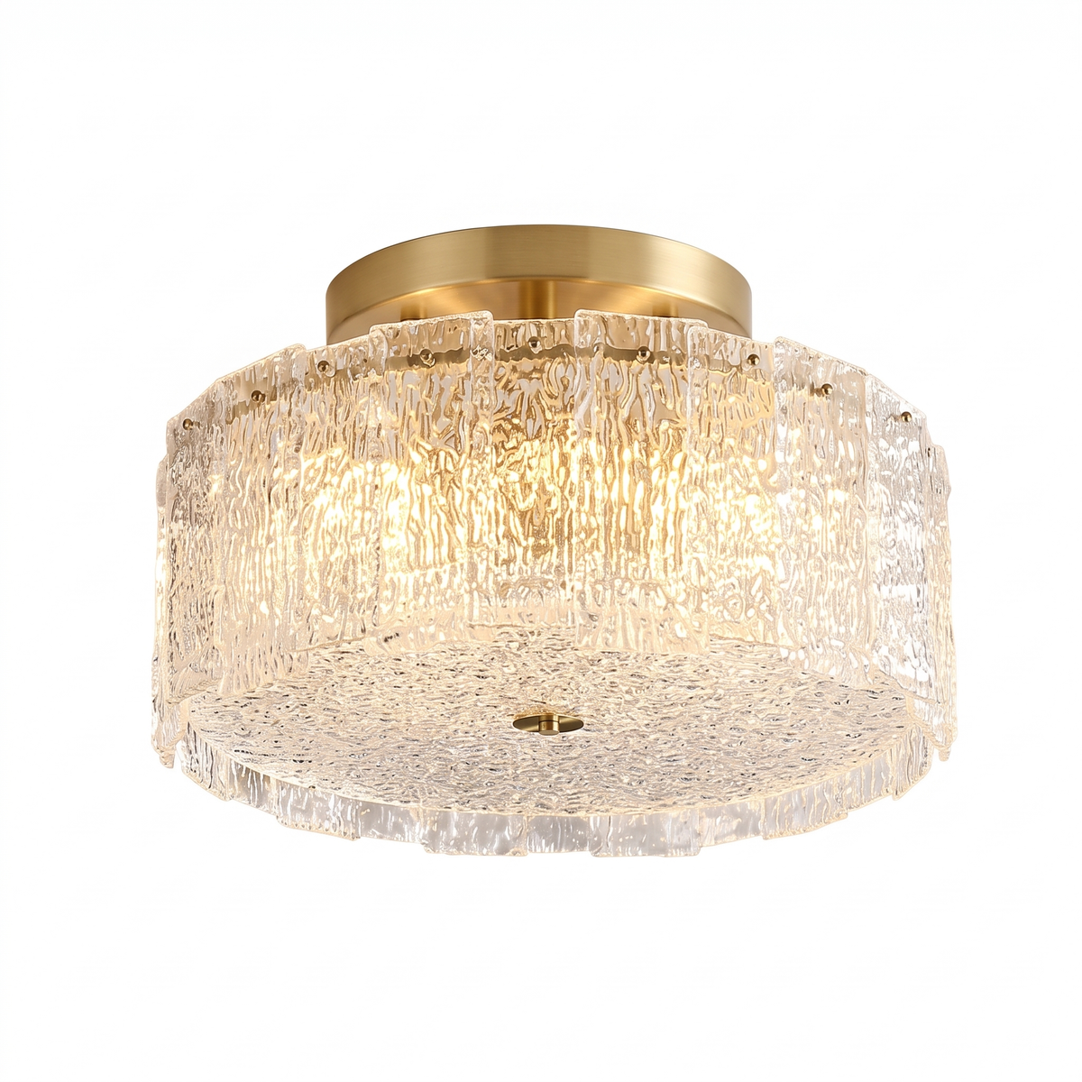 Textured Glass Cylinder Brass Flush Ceiling Light