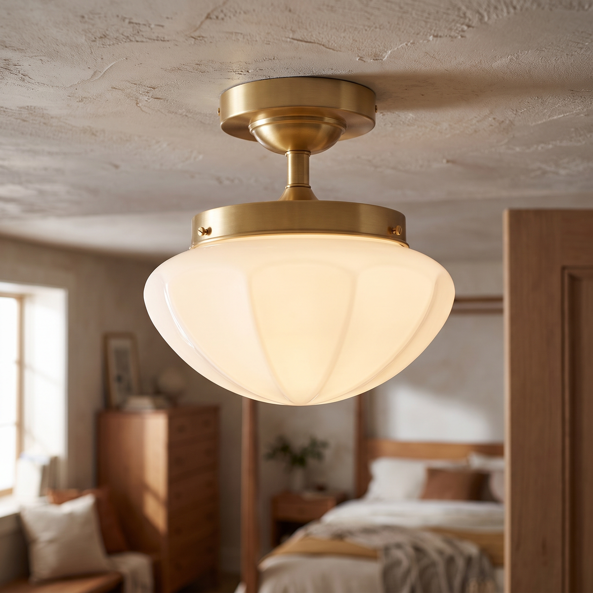 Domed Glass Brass Semi-Flush Ceiling Light close-up detail