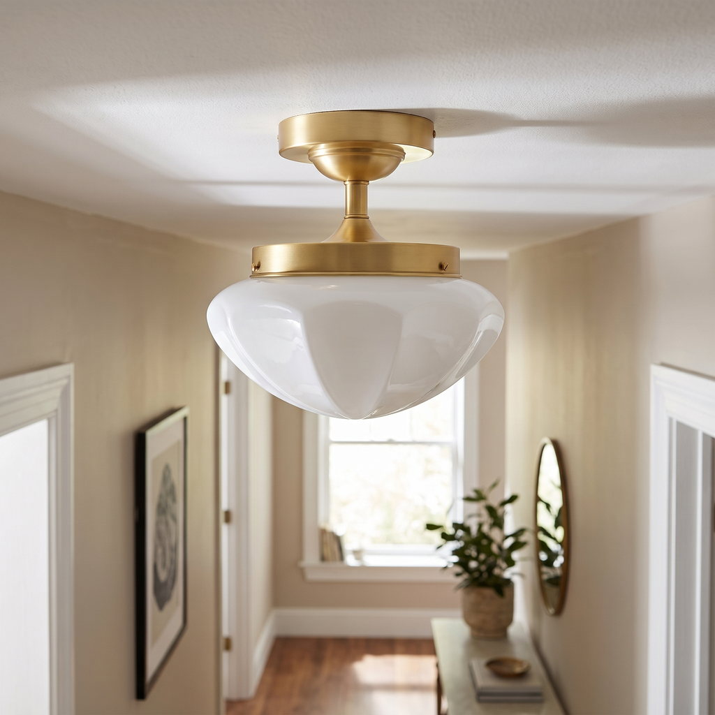 Domed Glass Brass Semi-Flush Ceiling Light in a hallway