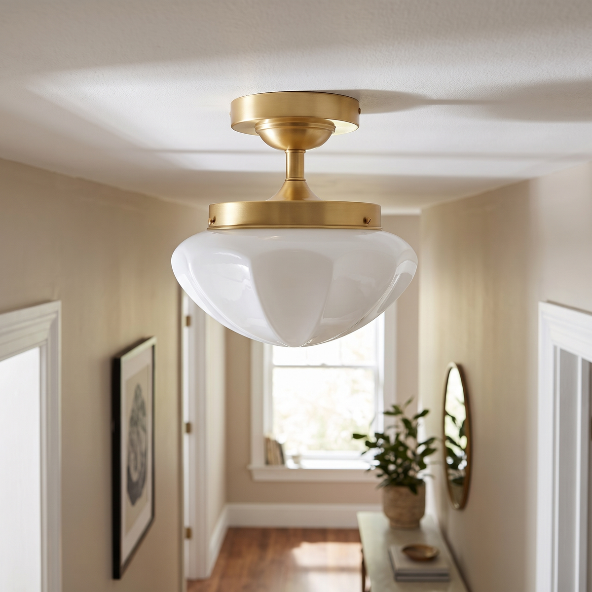 Domed Glass Brass Semi-Flush Ceiling Light in a hallway