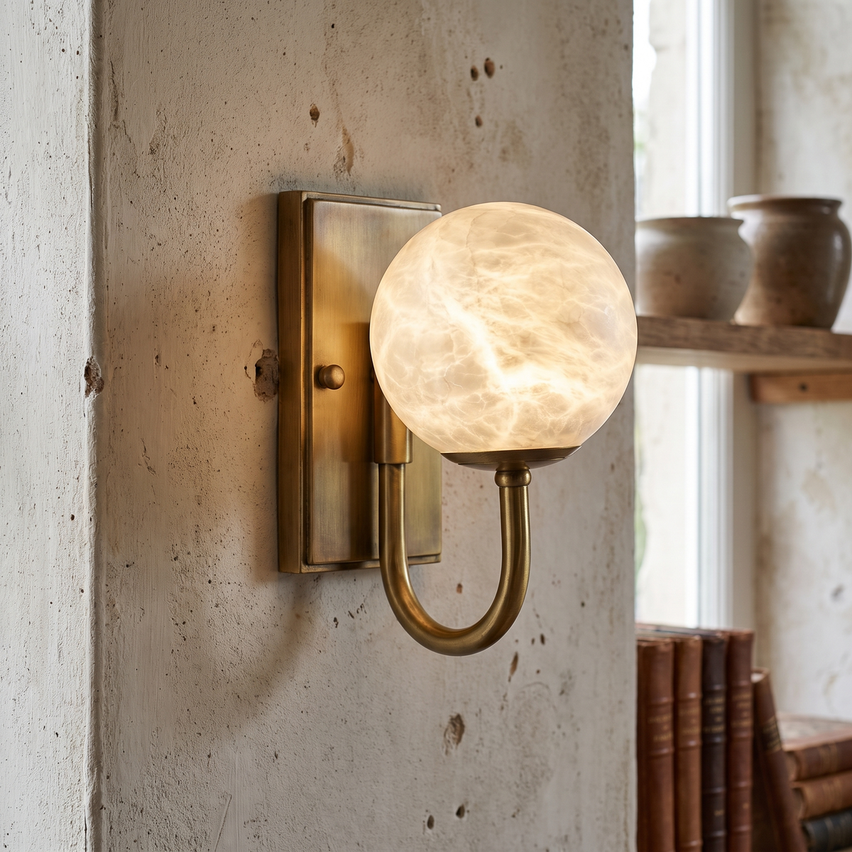 Alabaster Globe Curved Arm Wall Lamp close-up detail