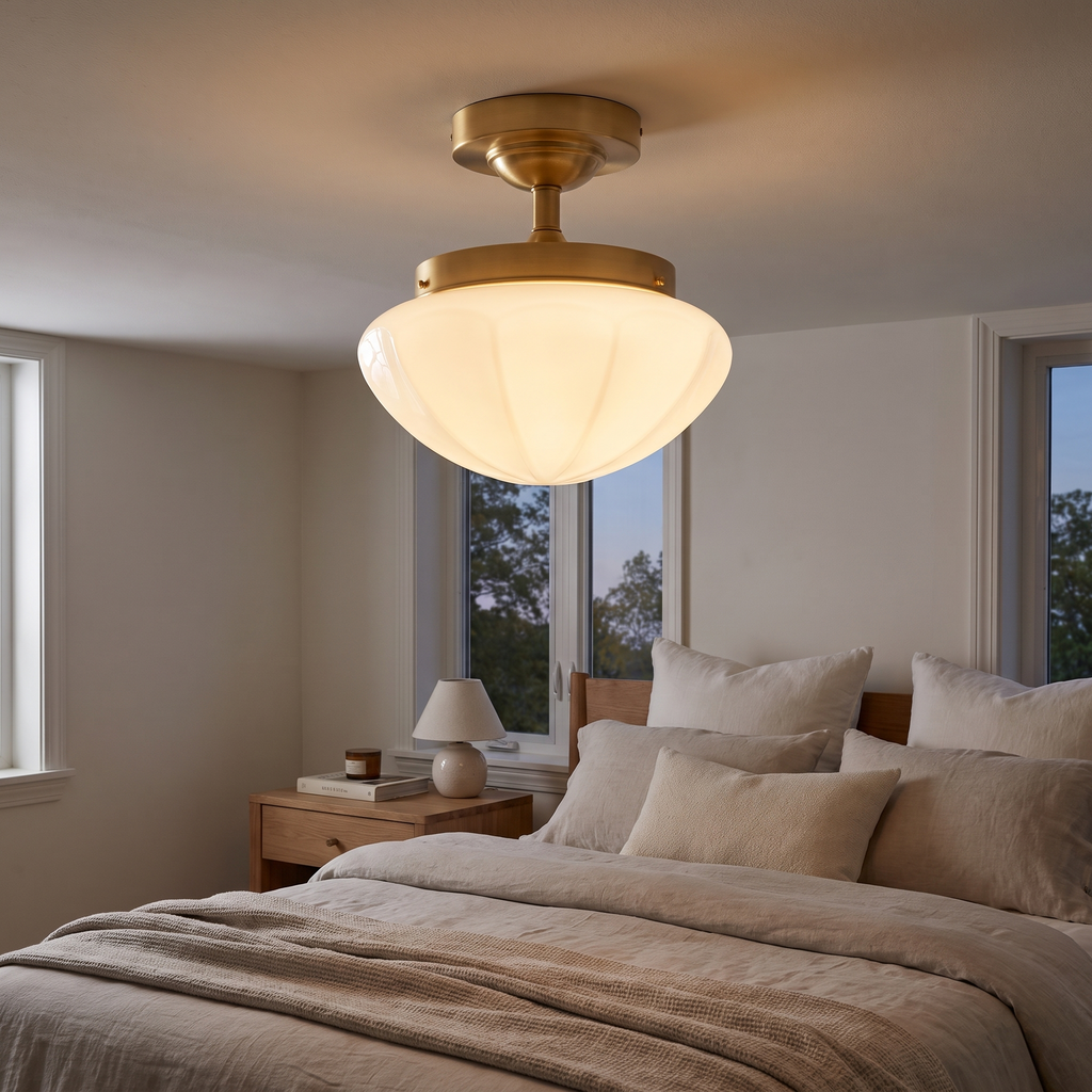 Domed Glass Brass Semi-Flush Ceiling Light in a bedroom