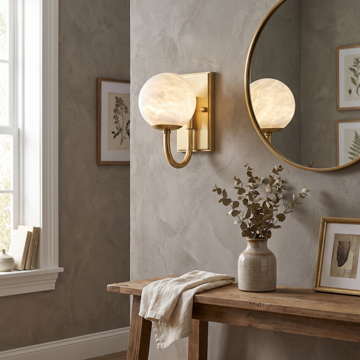 Alabaster Globe Curved Arm Wall Lamp in a hallway