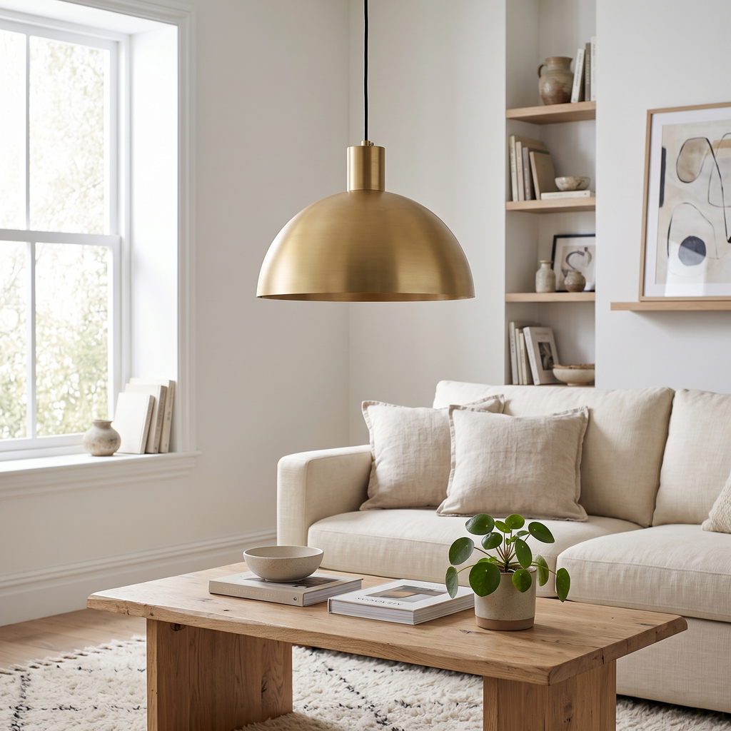 Brass Dome Pendant Light in a living room