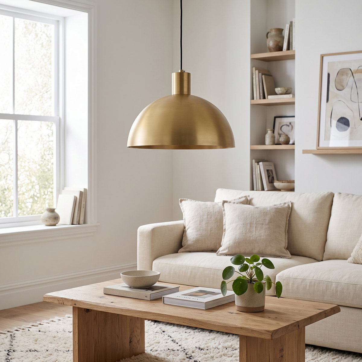 Brass Dome Pendant Light in a living room