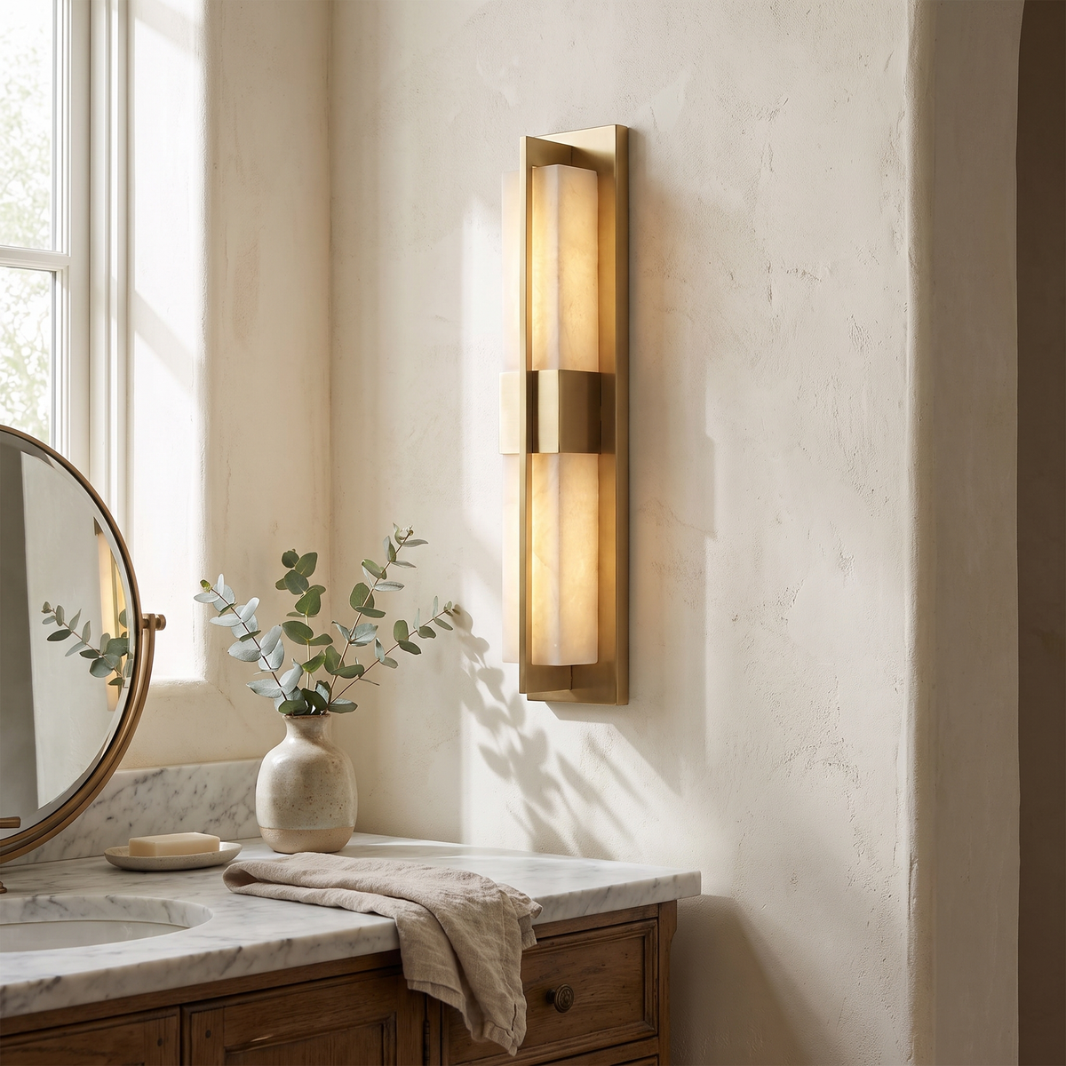 Banded Alabaster Panel LED Wall Lamp in a hallway