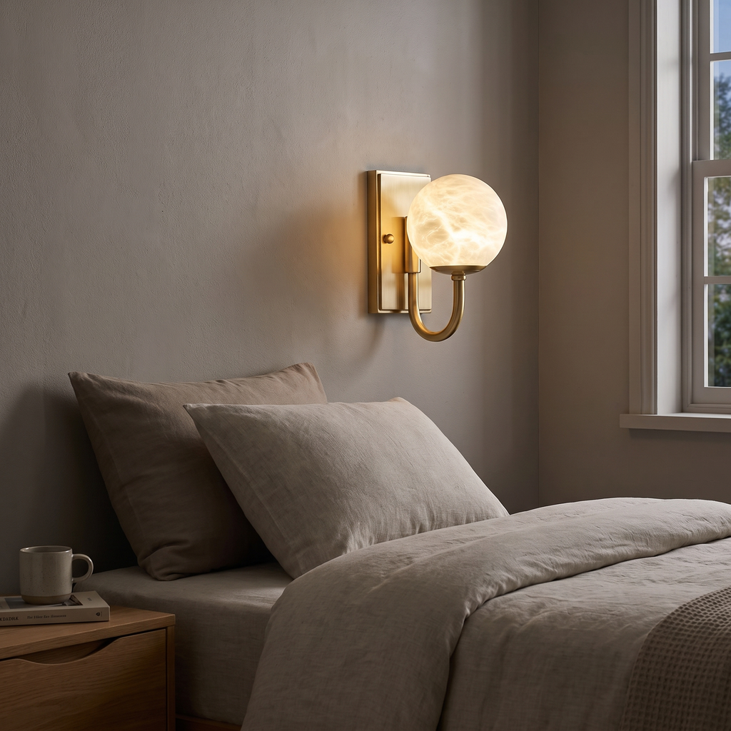 Alabaster Globe Curved Arm Wall Lamp in a bedroom