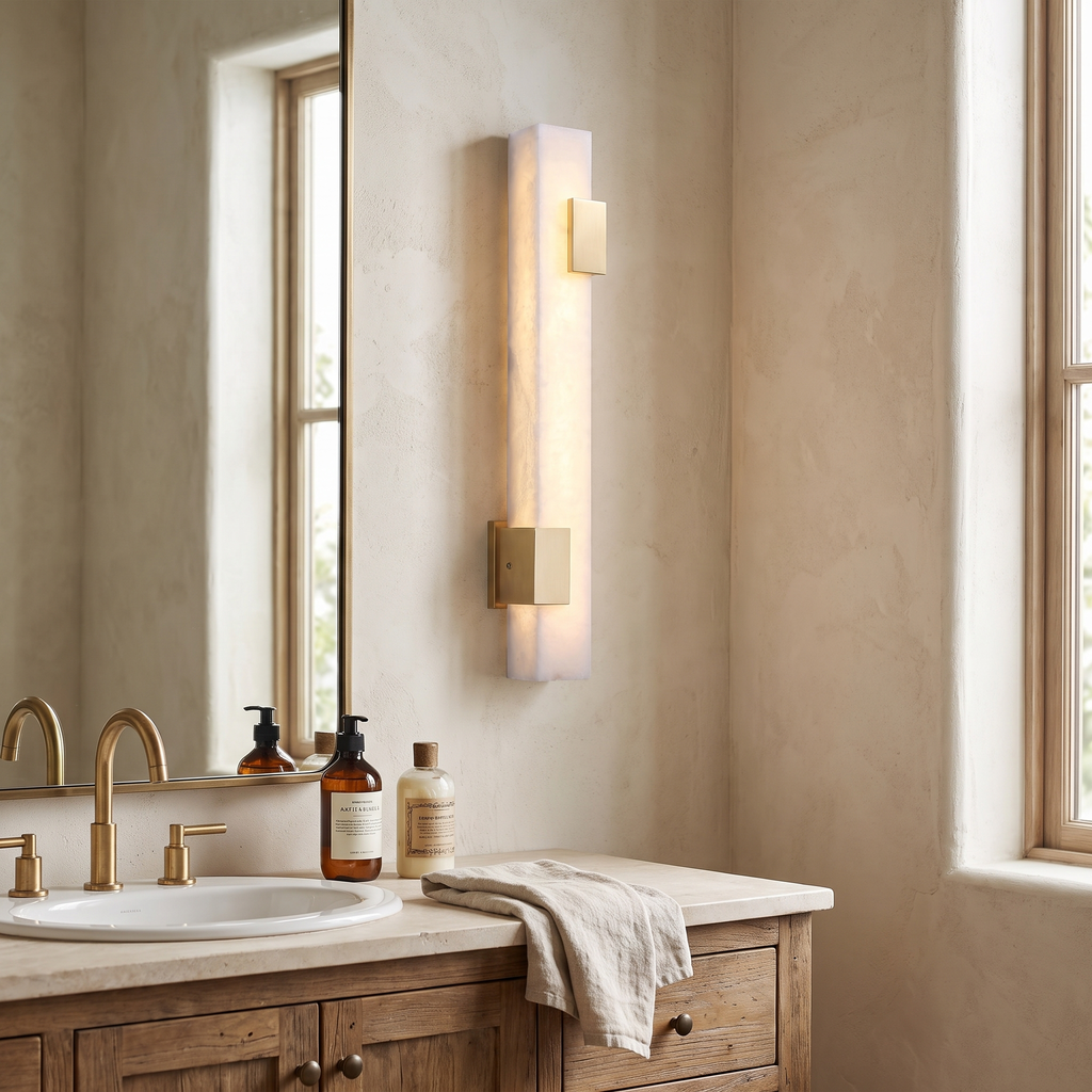 Elongated Alabaster Brass LED Wall Light in a hallway
