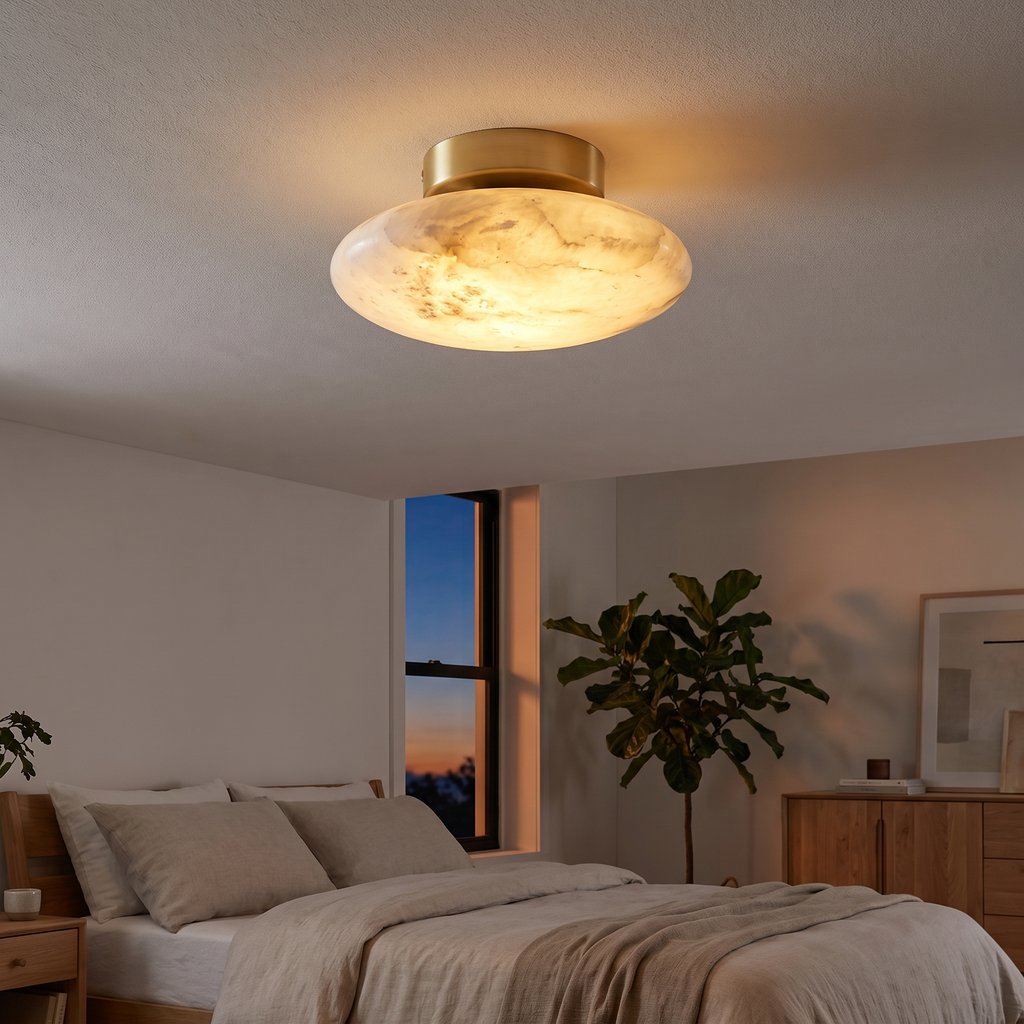 Shallow Alabaster Dome Flush Ceiling Light in a bedroom