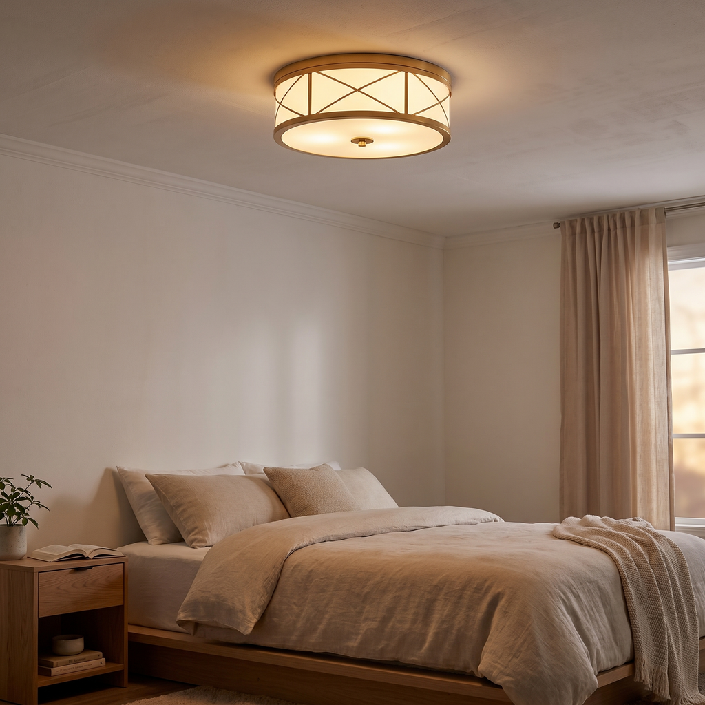 Crisscross Brass Frosted Glass Flush Ceiling Light in a bedroom