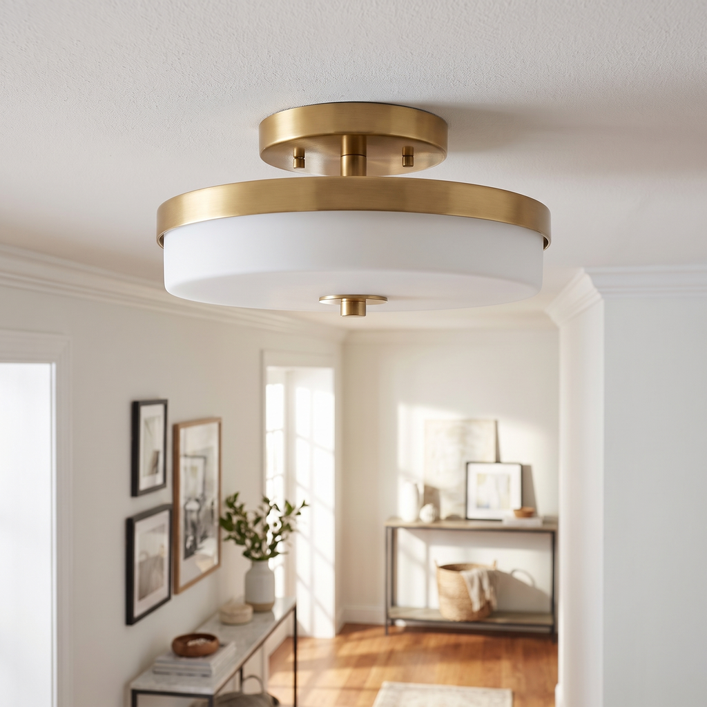 Slim Round Frosted Glass LED Flush Ceiling Light in a hallway