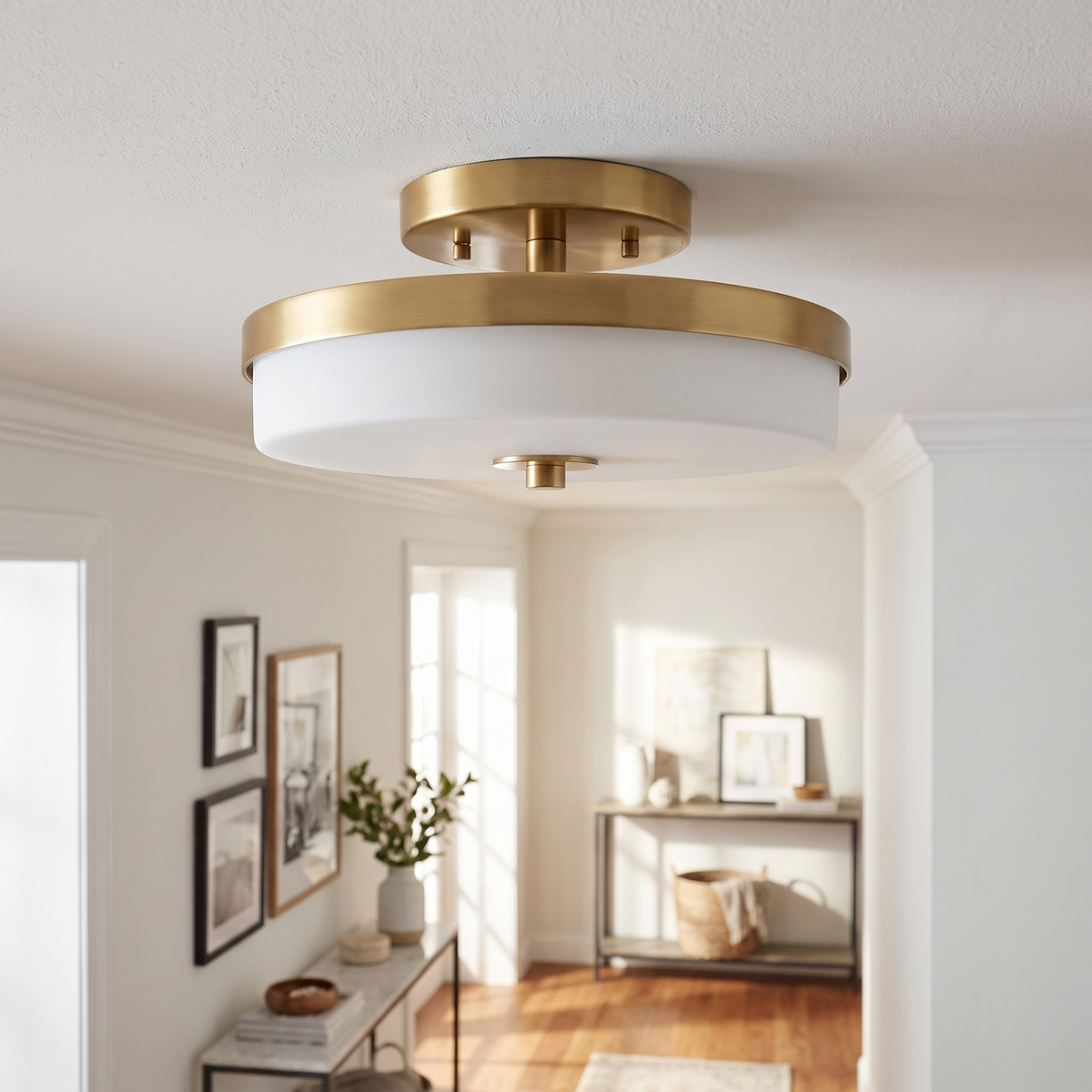 Slim Round Frosted Glass LED Flush Ceiling Light in a hallway