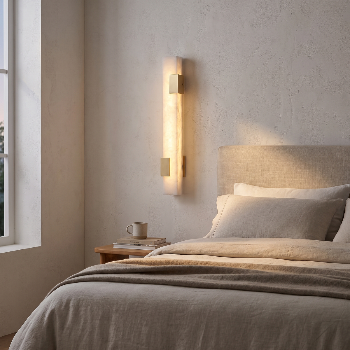Elongated Alabaster Brass LED Wall Light in a bedroom