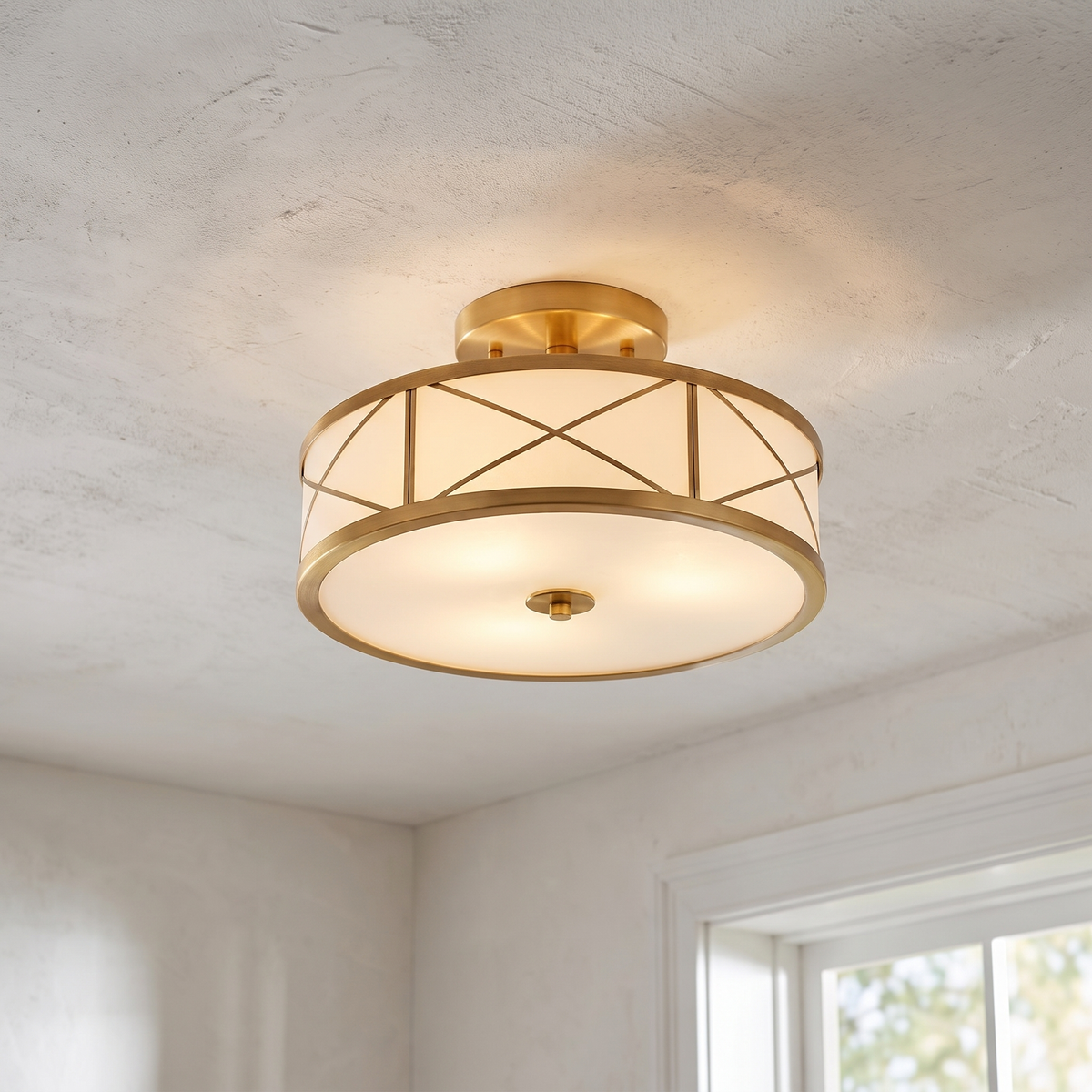 Crisscross Brass Frosted Glass Flush Ceiling Light close-up detail
