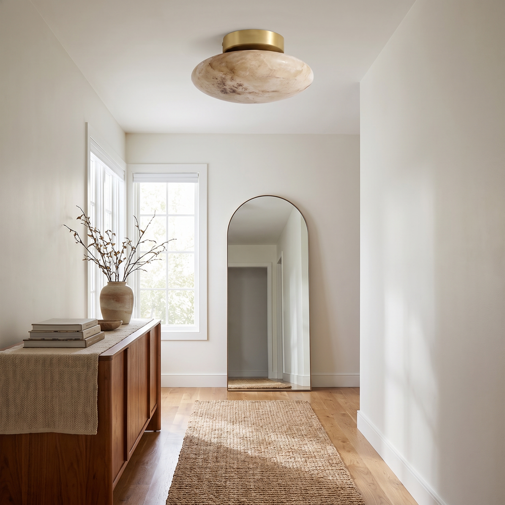 Shallow Alabaster Dome Flush Ceiling Light in a hallway