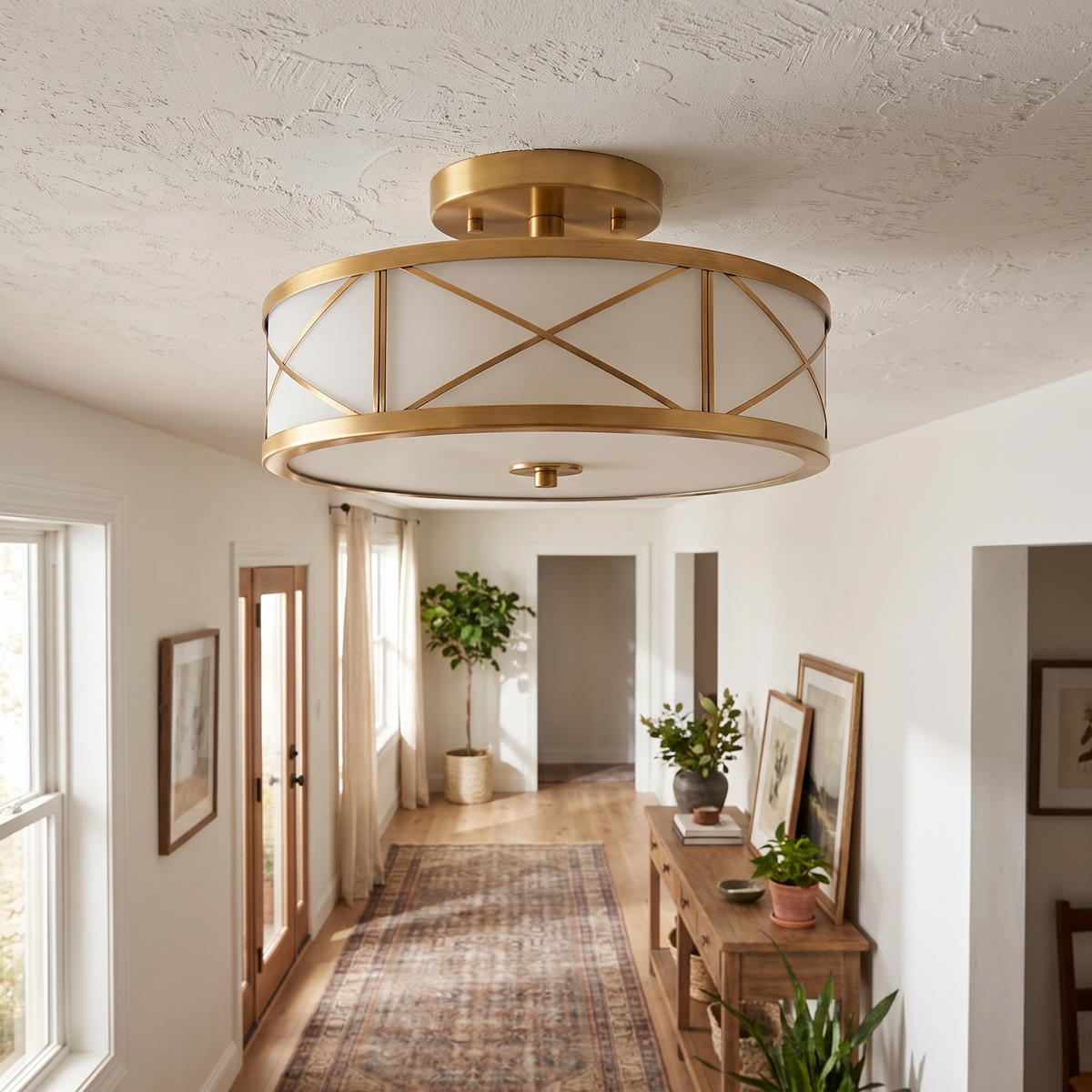 Crisscross Brass Frosted Glass Flush Ceiling Light in a hallway