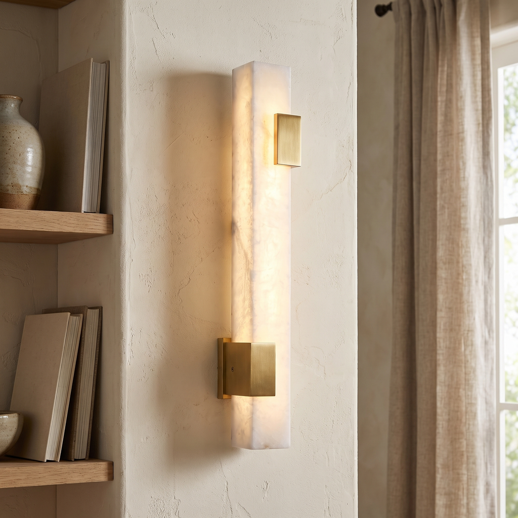 Elongated Alabaster Brass LED Wall Light close-up detail
