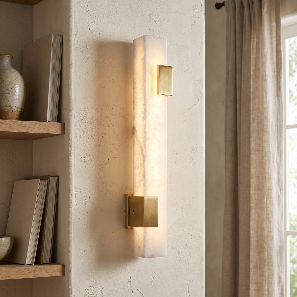 Elongated Alabaster Brass LED Wall Light close-up detail